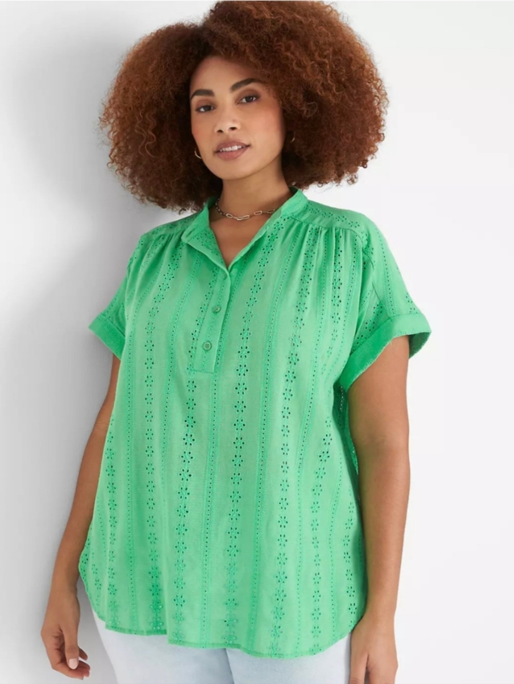 Lane Bryant Eyelet Popover Blouse Green 30/32 Plus Size NWT Short Sleeve Top
